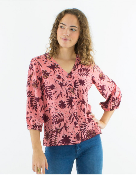 Blusa poliester con botones mangas 3/4 estampado aster dorado