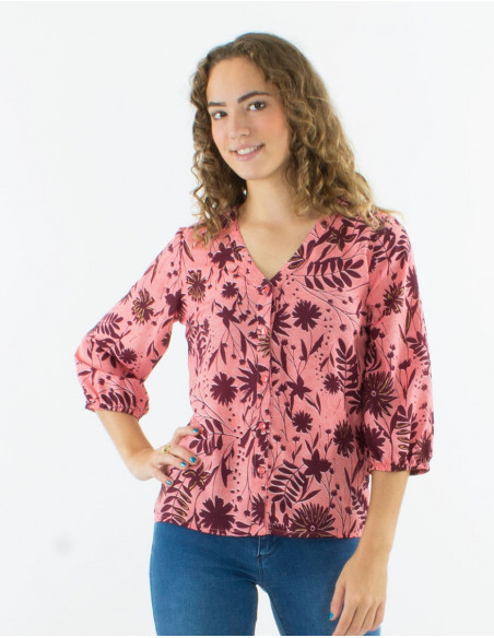 Blusa poliester con botones mangas 3/4 estampado aster dorado