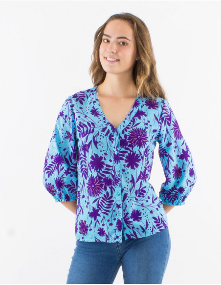 Blusa poliester con botones mangas 3/4 estampado aster dorado