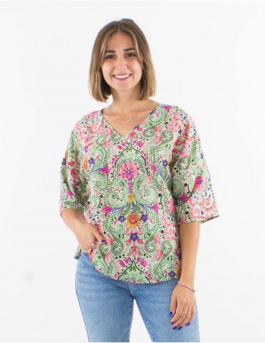 Blusa poliester cuello v mangas cortas estampado acuarela