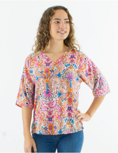 Blusa poliester cuello v mangas cortas...