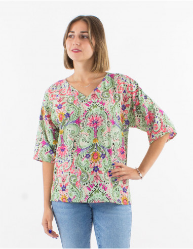 Blusa poliester cuello v mangas cortas...