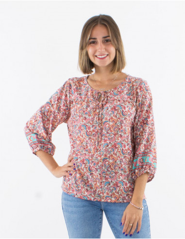 Blusa poliester mangas 3/4 estampado floral