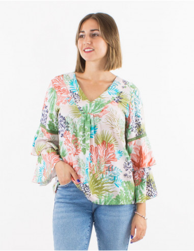 Blusa viscosa mangas largas con volantes cuello...