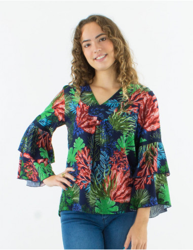 Blusa viscosa mangas largas con volantes cuello...