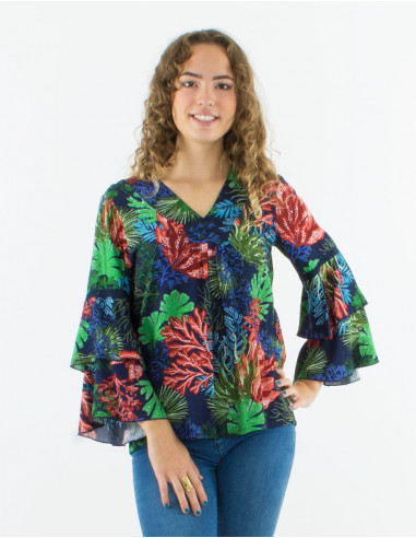 Blusa viscosa mangas largas con volantes cuello...