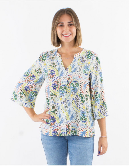 Blusa viscosa con botones  mangas 3/4 estampado estambul