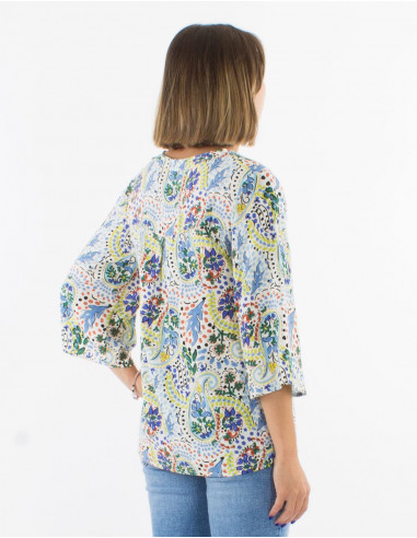 Blusa viscosa con botones  mangas 3/4 estampado...