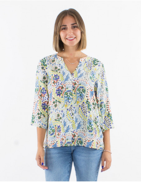 Blusa viscosa con botones  mangas 3/4 estampado estambul