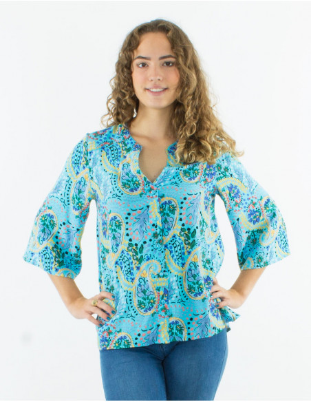 Blusa viscosa con botones  mangas 3/4 estampado estambul
