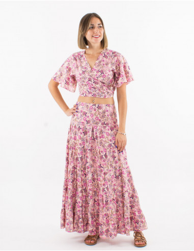 Top poliester mangas cortas sari estampado surat