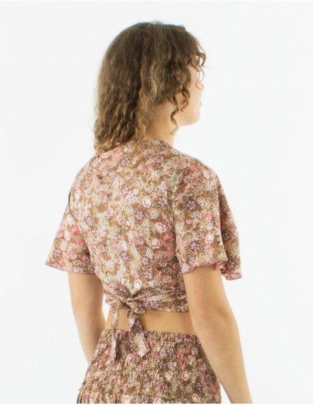 Top poliester mangas cortas sari estampado surat