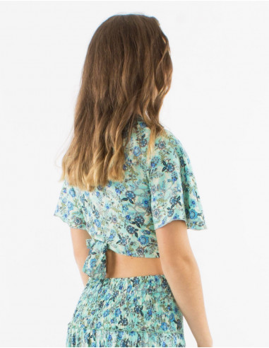 Top poliester mangas cortas sari estampado surat