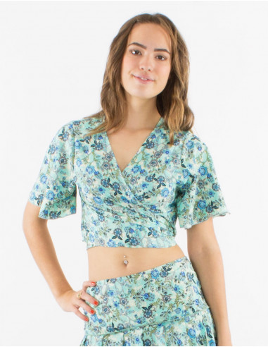 Top poliester mangas cortas sari estampado surat