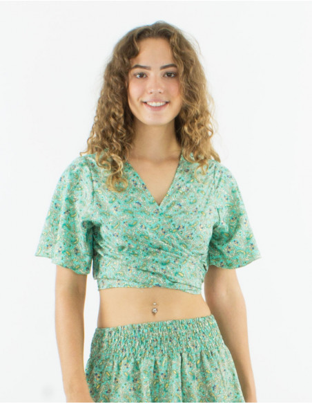 Top poliester mangas cortas sari estampado