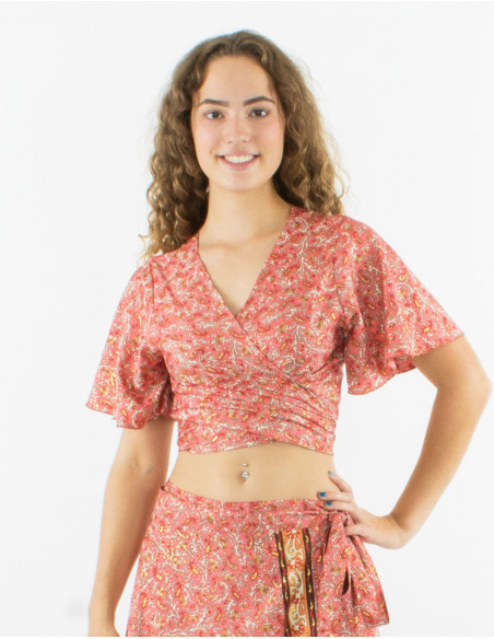 Top poliester mangas cortas sari estampado