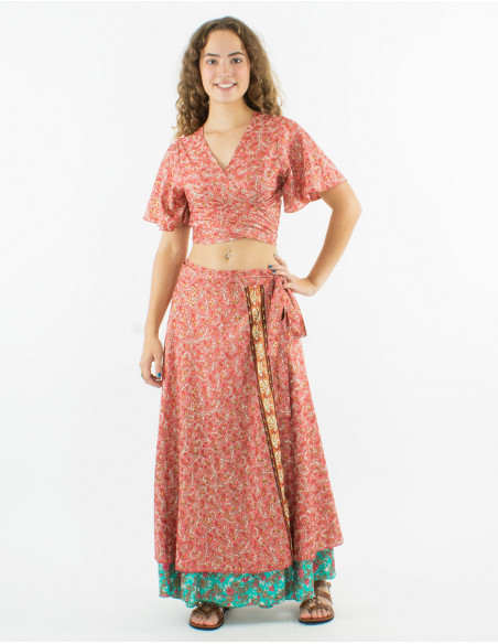 Top poliester mangas cortas sari estampado