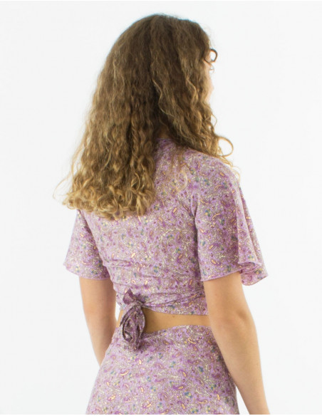 Top poliester mangas cortas sari estampado