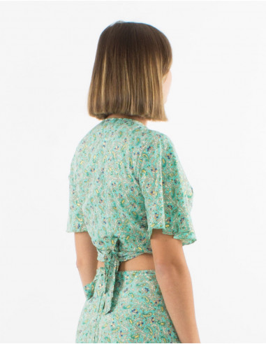 Top poliester mangas cortas sari estampado