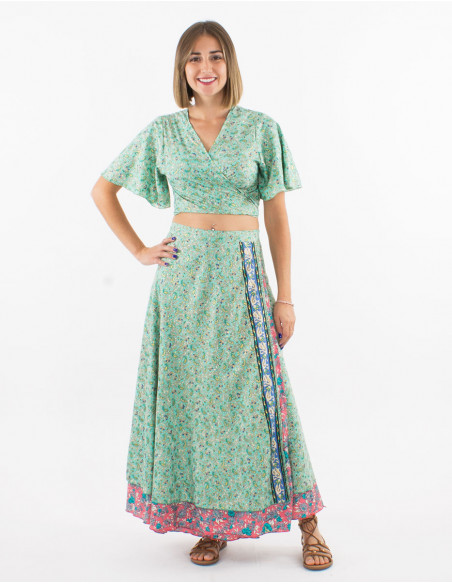 Top poliester mangas cortas sari estampado