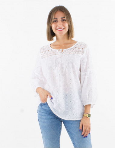 Blusa algodon bordado mangas 3/4