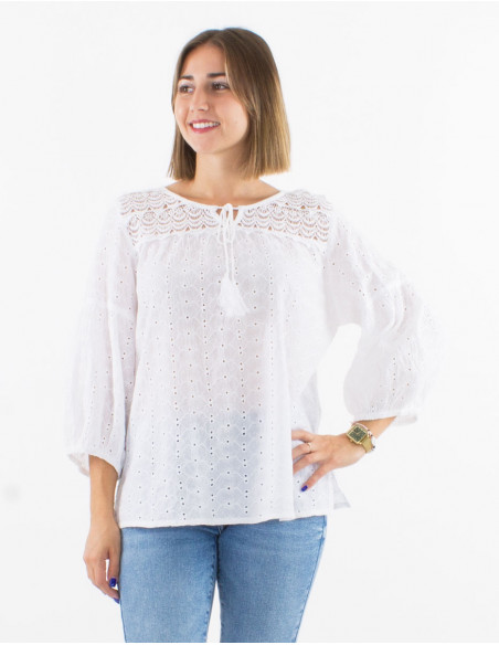 Blusa algodon bordado mangas 3/4