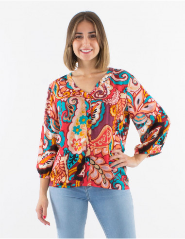 Blusa viscosa con botones  mangas 3/4 estampado antalya