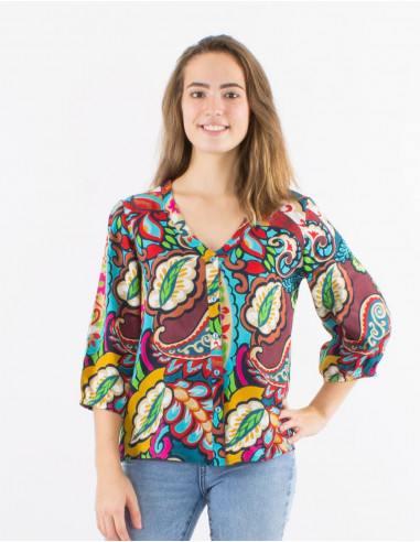 Blusa viscosa con botones  mangas 3/4 estampado...