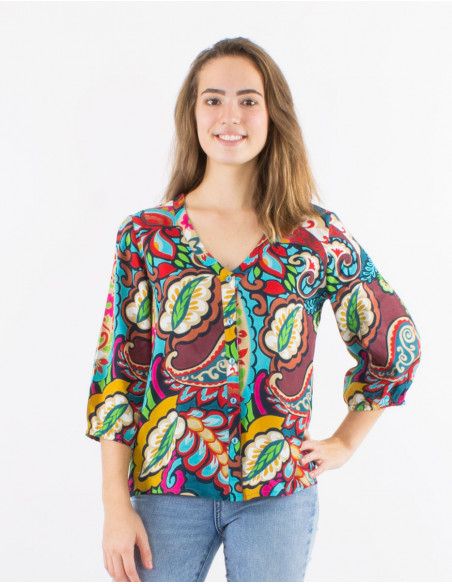 Blusa viscosa con botones  mangas 3/4 estampado antalya