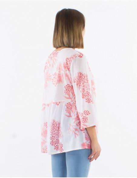 Blusa velo de algodon mangas largas estampado coral con hojas doradas