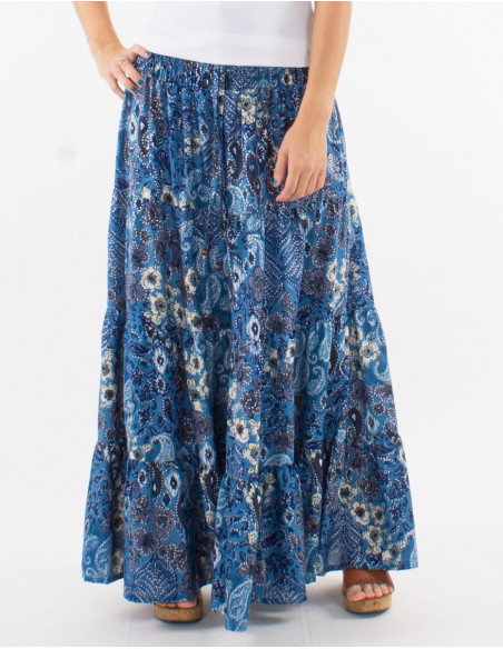 Falda larga poliester cintura smockee estampado bohemia plateado