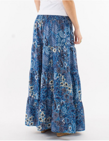 Falda larga poliester cintura smockee estampado bohemia plateado