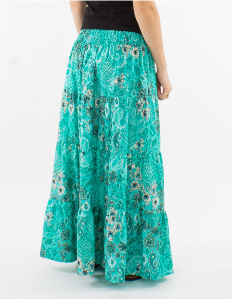 Falda larga poliester cintura smockee estampado bohemia plateado