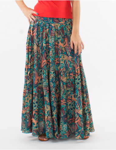 Falda larga poliester con volantes estampado...