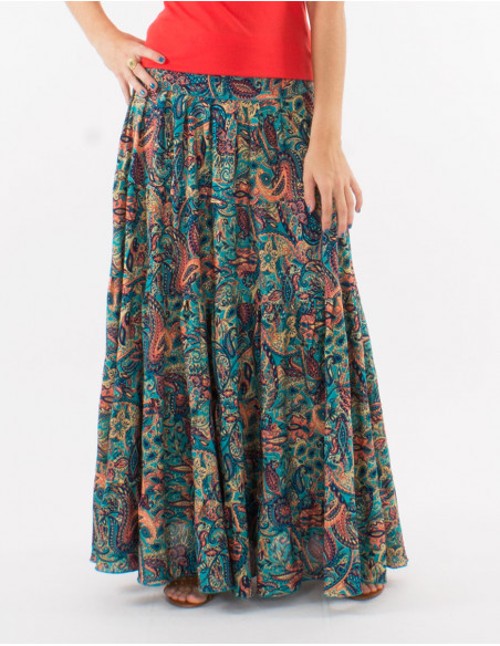 Falda larga poliester con volantes estampado road dorado