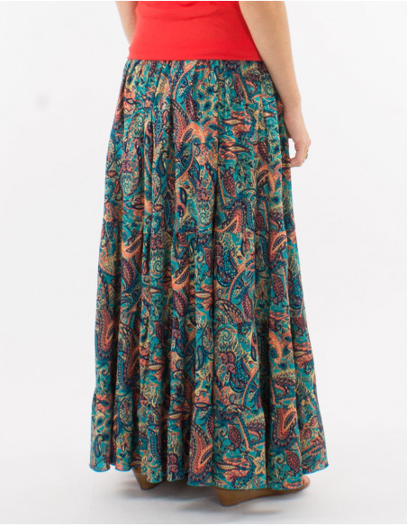 Falda larga poliester con volantes estampado road dorado