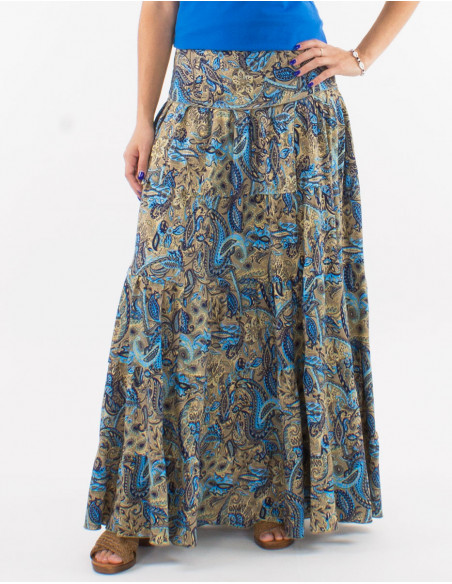 Falda larga poliester con volantes estampado road dorado