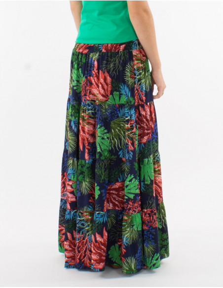 Falda larga viscosa con volantes talla smockee estampado oceano