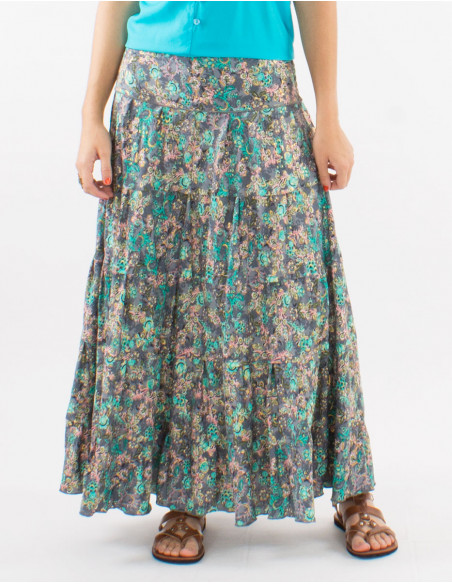 Falda larga poliester con volantes sari estampado