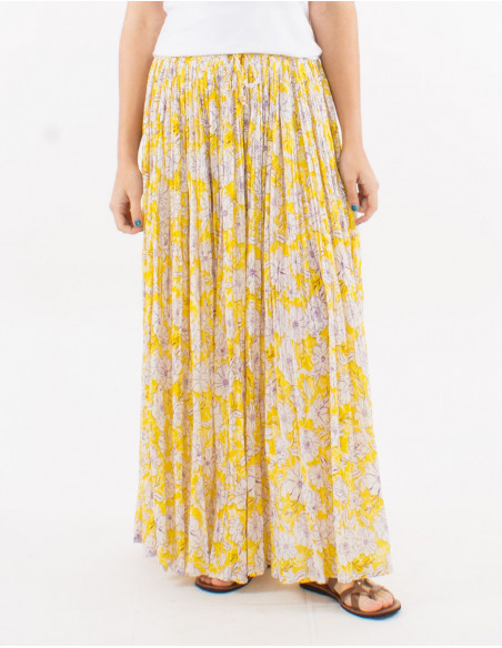 Falda larga velo de algodon arrugada estampado anemona