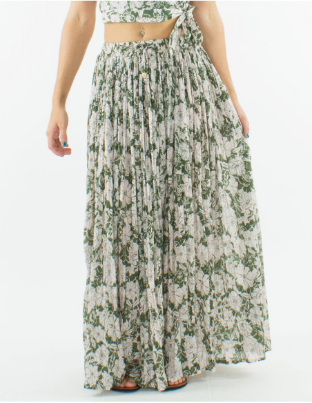 Falda larga velo de algodon arrugada estampado anemona