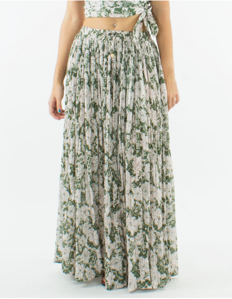 Falda larga velo de algodon arrugada estampado anemona