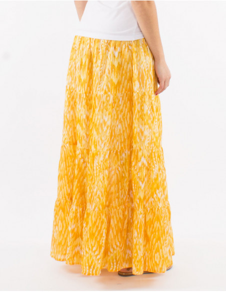 Falda larga velo de algodon doblada estampado ibiza con hojas doradas