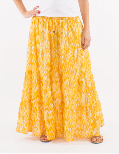 Falda larga velo de algodon doblada estampado ibiza con hojas doradas