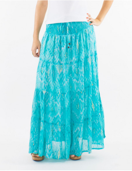 Falda larga velo de algodon doblada estampado ibiza con hojas doradas