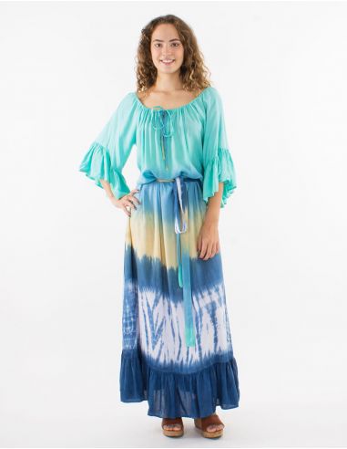 Vestido largo viscosa tie and dye con mangas