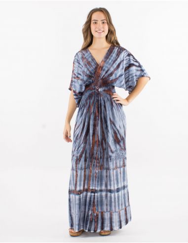 Vestido largo viscosa tie and dye mangas cortas