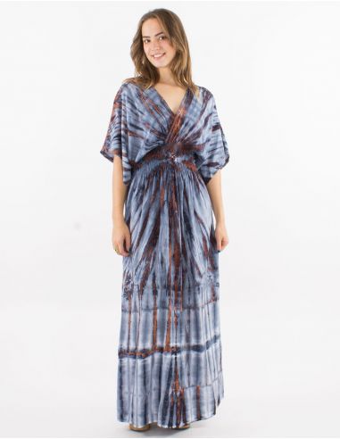 Vestido largo viscosa tie and dye mangas cortas