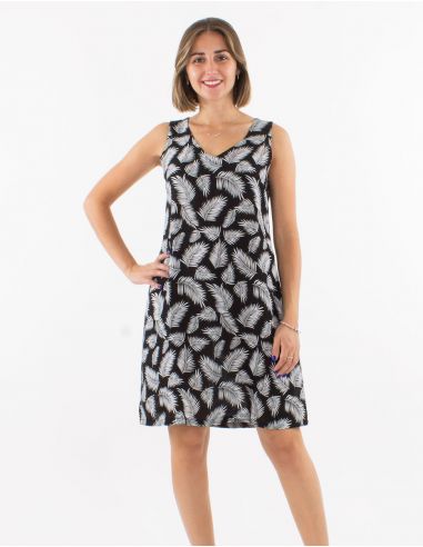 Vestido viscosa sin mangas cuello v estampado leaves