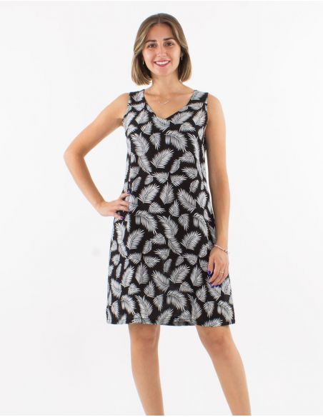 Vestido viscosa sin mangas cuello v estampado leaves